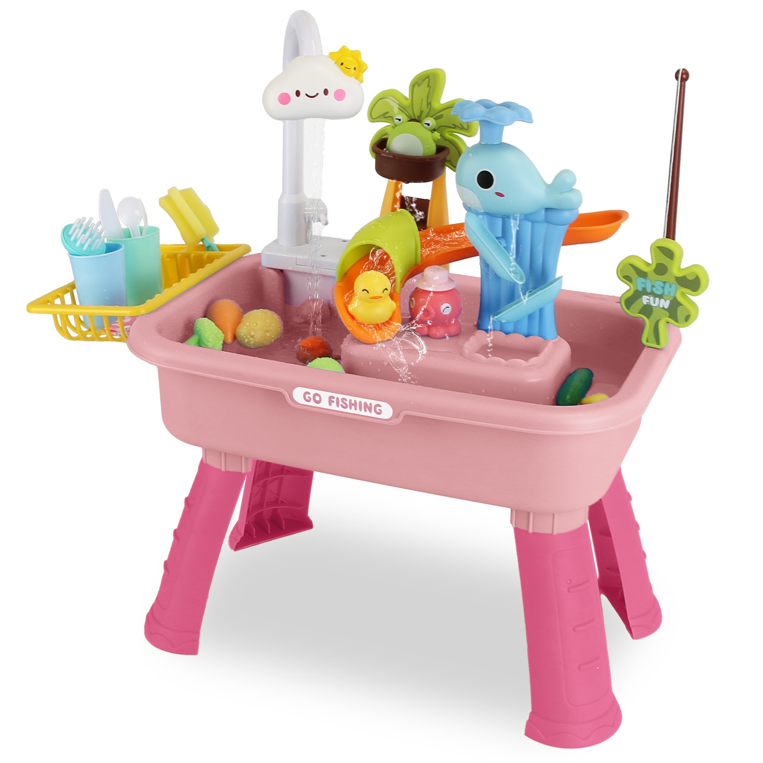 3 In 1 Kitchen Sink Toy with Electric Faucet Water Table Fishing Game Role Pl...