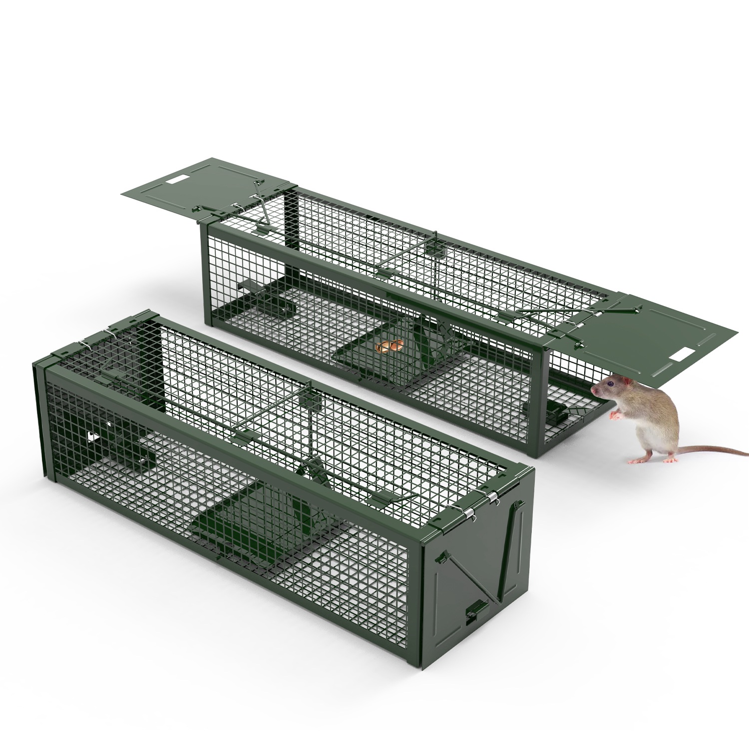 2Pack 15.35×4.72×3.94in 2-Door Humane Live Rat Trap Galvanized Iron Rodent Trap Cage Reusable for Home Garden Farm Warehouse