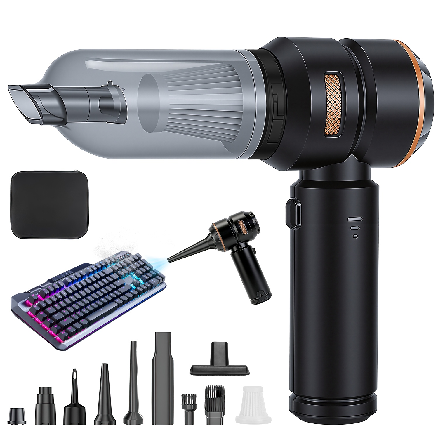 16000PA Handheld Car Vacuum Cleaner With Brushless Motor 2 Reusable Filters 4 In 1 Portable Cordless Compressed Air Duster & Blower for Car Office Hom