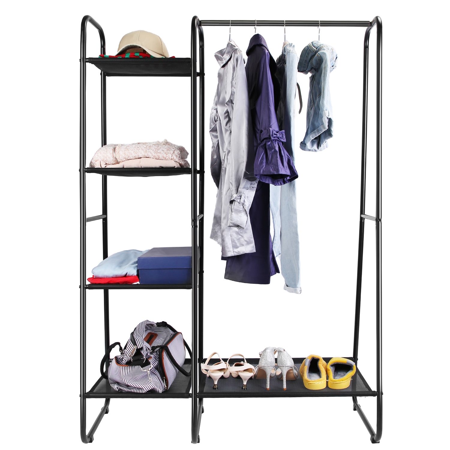 Metal Garment Hanging Rack Shoe Clothing Organizer Shelves Freestanding Clothing Hanging Rail Clothes Wardrobe Shoe Display Organizer with 1 Hanging R