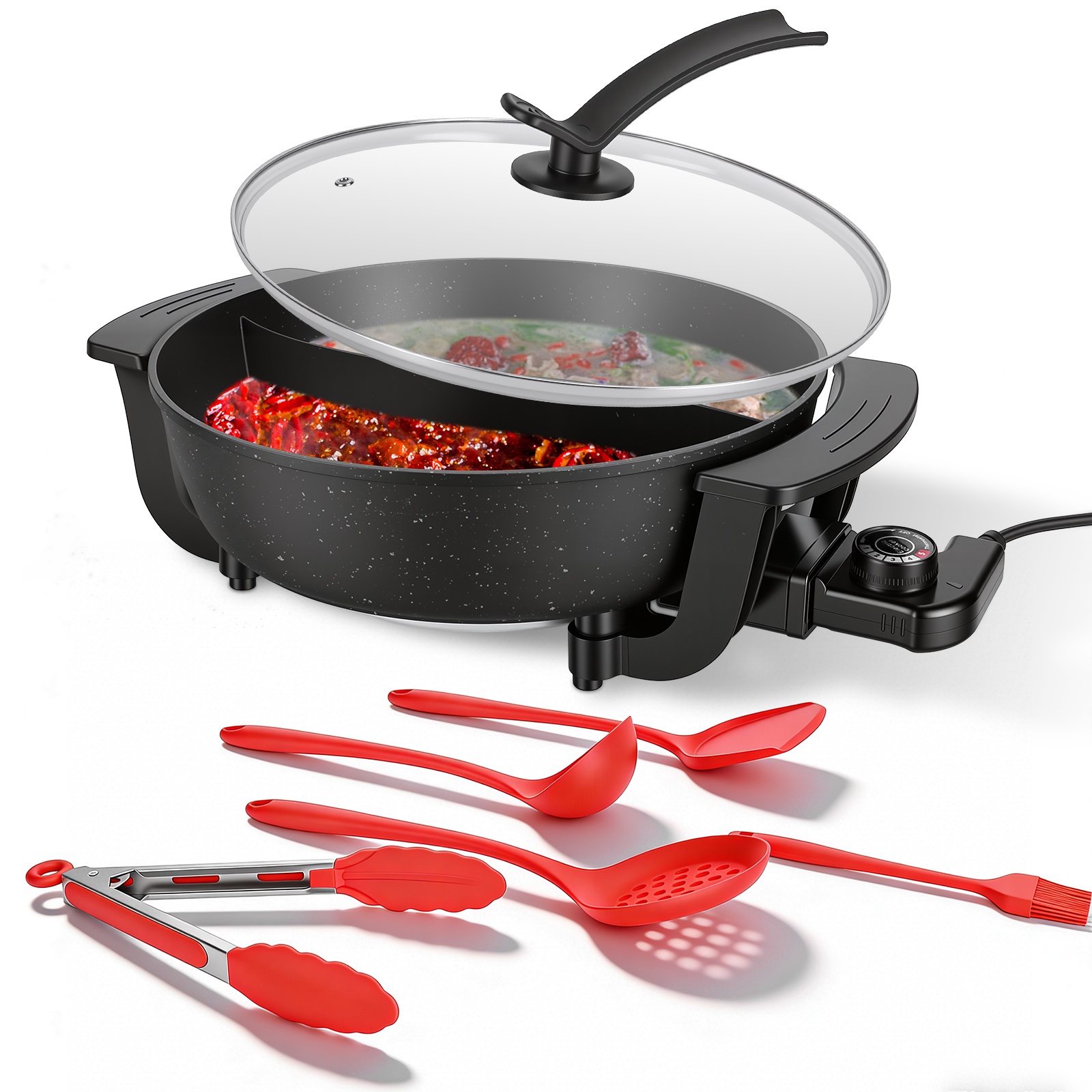 6L Electric Hot Pot with Divider 1100W Dual-Flavor Pot Shabu Shabu Pot Non-Stick with 5-Temp Control for Shabu Shabu Fondue Perfect for Family Gatheri 6L Electric Hot Pot with Divider 1100W Dual-Flavor Pot Shabu Shabu Pot Non-Stick with 5-Temp Control for Shabu Shabu Fondue Perfect for Family Gatheri