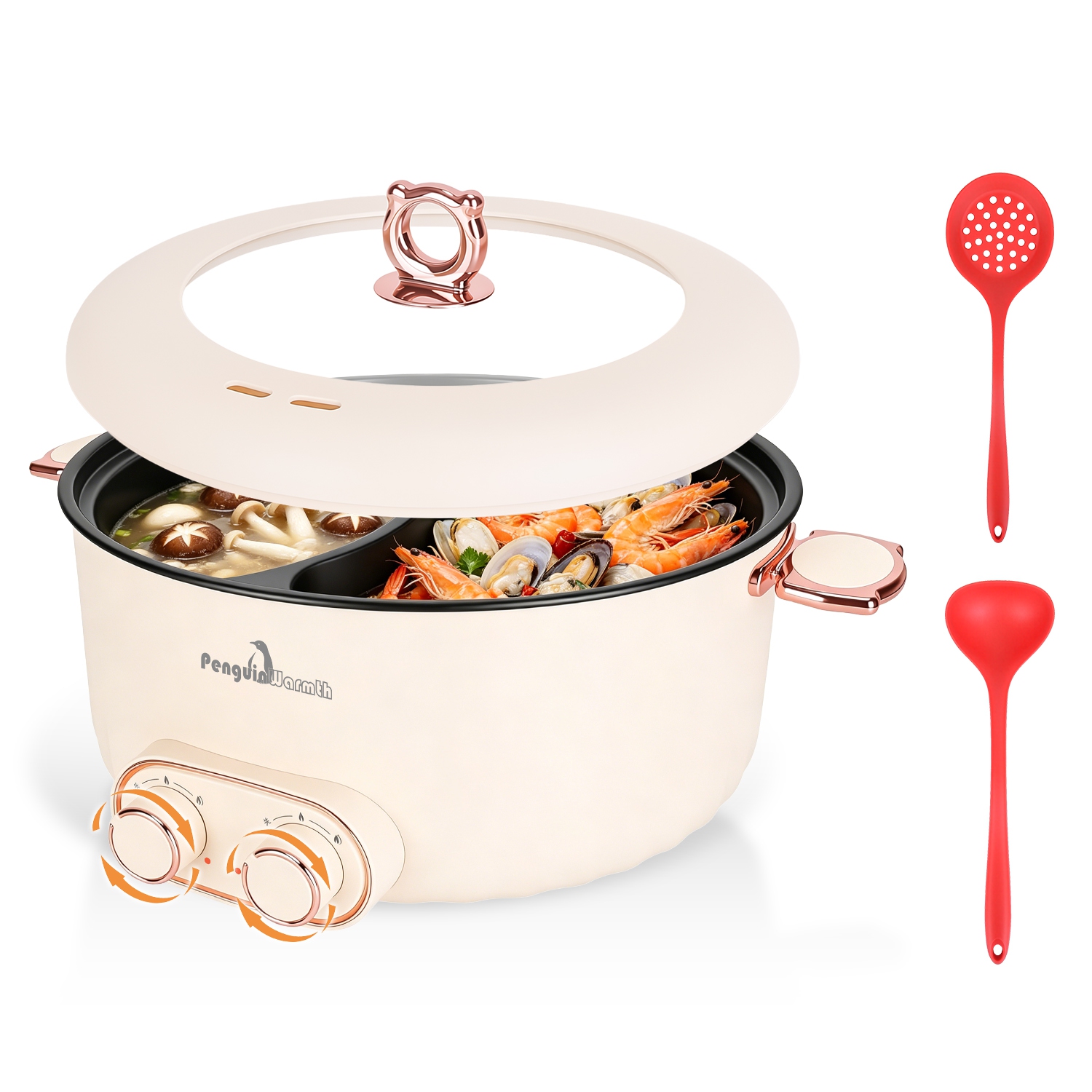 6L/1.59Gal Electric Hot Pot with Divider and Lid 2000W Stainless Steel with 2 Heat Settings Independent Control Overheat Protection Ladle & Slotted Sp 6L/1.59Gal Electric Hot Pot with Divider and Lid 2000W Stainless Steel with 2 Heat Settings Independent Control Overheat Protection Ladle & Slotted Sp