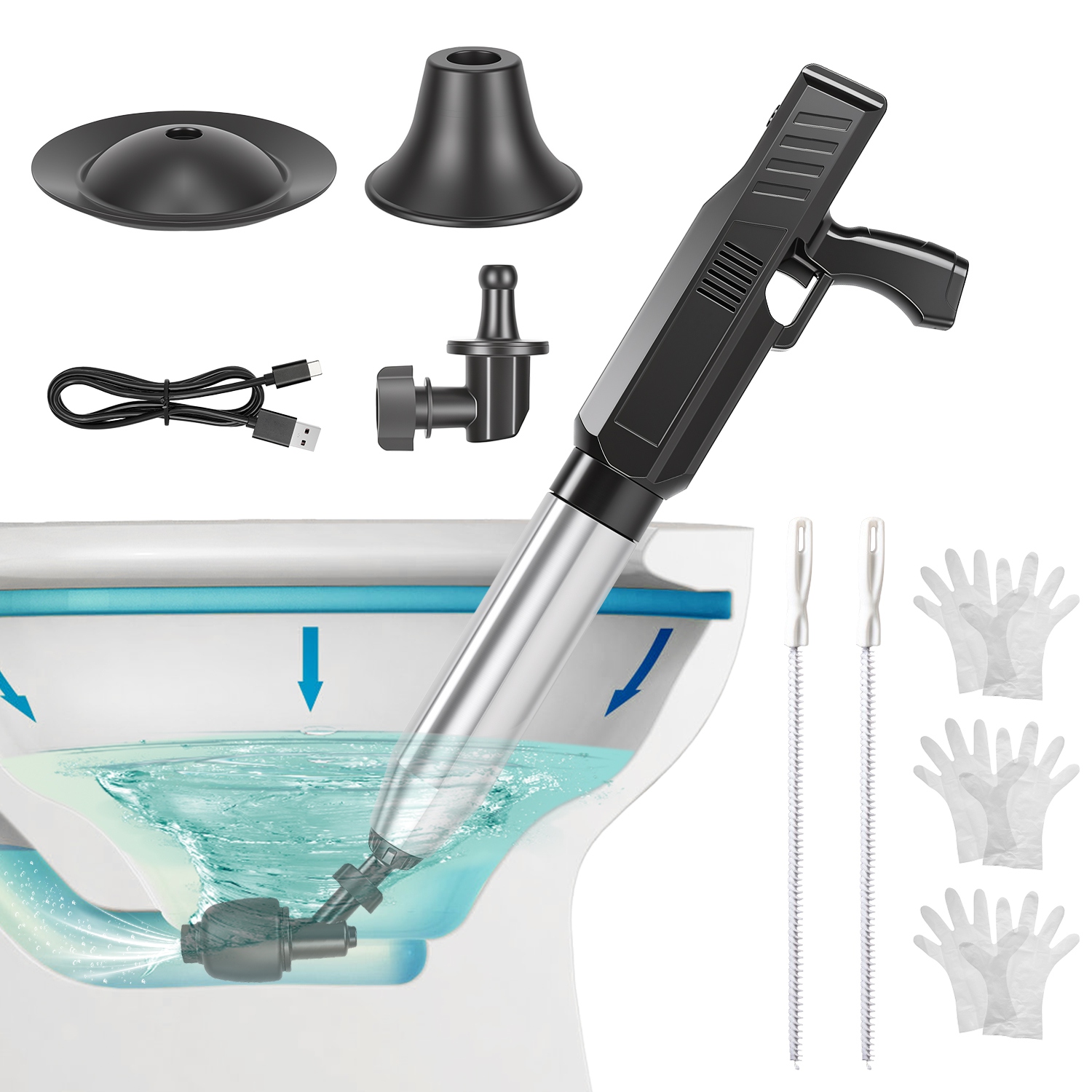Electric Toilet Plunger with Air Pressure Gauge Rechargeable Drain Clog Remover with 3 Plunger Heads 0-8 Bar High Pressure Air Drain Blaster for Toile Electric Toilet Plunger with Air Pressure Gauge Rechargeable Drain Clog Remover with 3 Plunger Heads 0-8 Bar High Pressure Air Drain Blaster for Toile