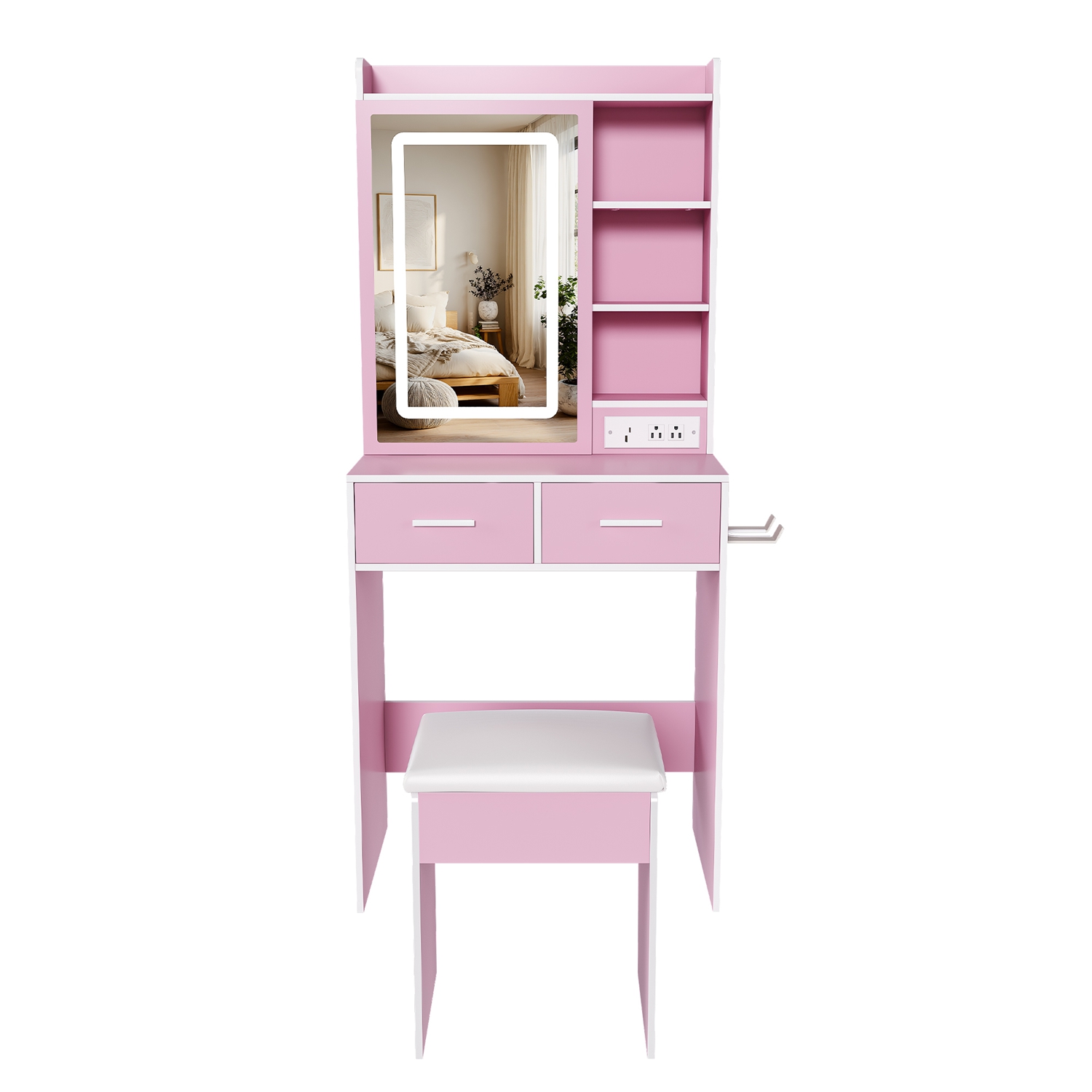 Vanity Desk Set with LED Lighted Mirror, Power Outlet & Hair Dryer Holder, Compact Makeup Vanity with Padded Stool for Small Bedrooms Vanity Desk Set with LED Lighted Mirror, Power Outlet & Hair Dryer Holder, Compact Makeup Vanity with Padded Stool for Small Bedrooms