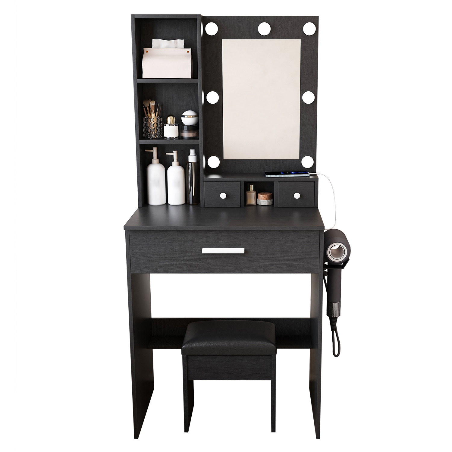 Vanity Desk Set with LED Lighted Mirror, Padded Stool, Power Outlet & Hair Dryer Holder, Compact Makeup Vanity for Small Bedroom Vanity Desk Set with LED Lighted Mirror, Padded Stool, Power Outlet & Hair Dryer Holder, Compact Makeup Vanity for Small Bedroom