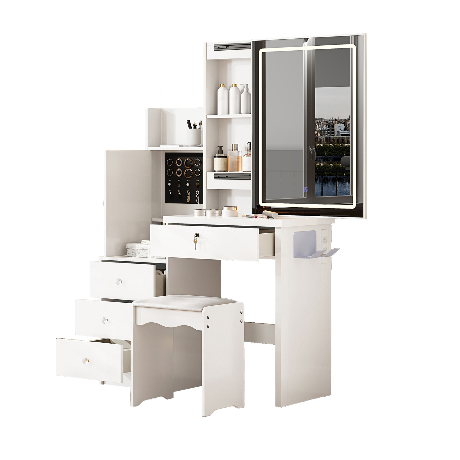 White Vanity Desk Set with Sliding LED Lighted Mirror & Padded Stool, Smart Makeup Dressing Table with Built-in Power Station for Bedroom White Vanity Desk Set with Sliding LED Lighted Mirror & Padded Stool, Smart Makeup Dressing Table with Built-in Power Station for Bedroom