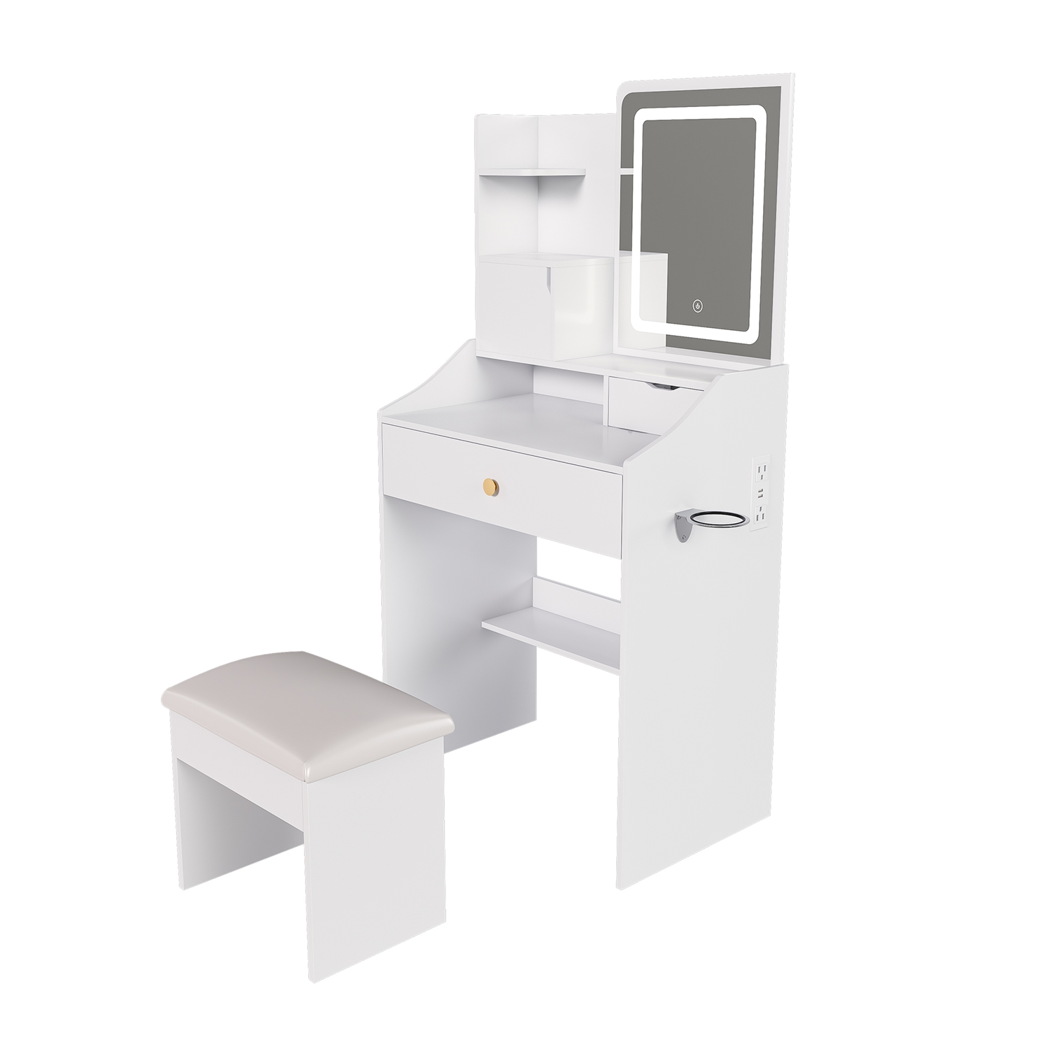 Contemporary White Vanity Desk Set with 3-Color LED Lighted Mirror, Built-in Power Station & Padded Storage Stool, Compact Makeup Dressing Table for B Contemporary White Vanity Desk Set with 3-Color LED Lighted Mirror, Built-in Power Station & Padded Storage Stool, Compact Makeup Dressing Table for B