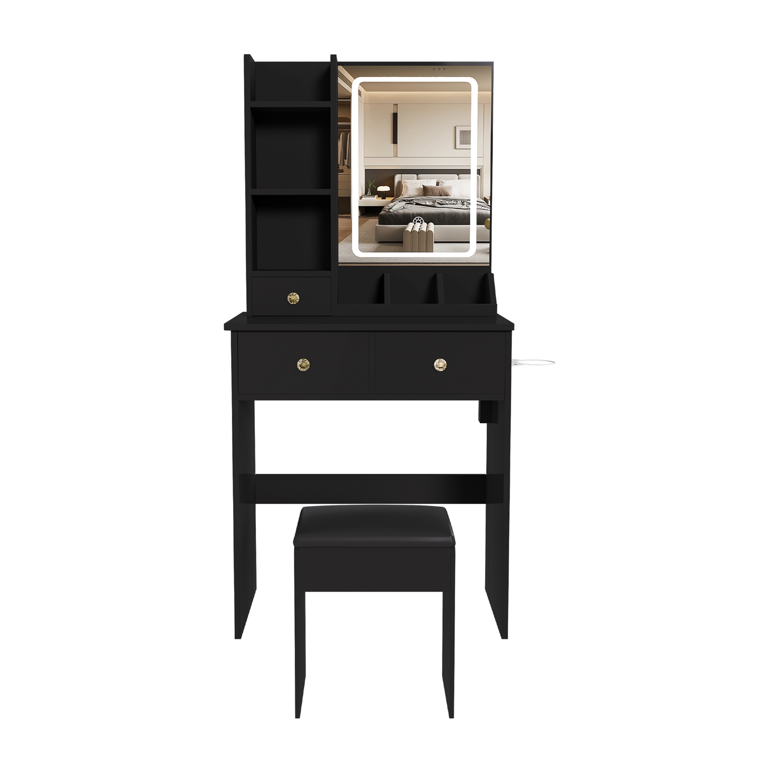 Vanity Desk Set Makeup Dressing Table with Stool, Lighted Mirror, 3 Drawers, 3 Open Shelves, 3 Open Cubbies, Power Station Vanity Desk Set Makeup Dressing Table with Stool, Lighted Mirror, 3 Drawers, 3 Open Shelves, 3 Open Cubbies, Power Station