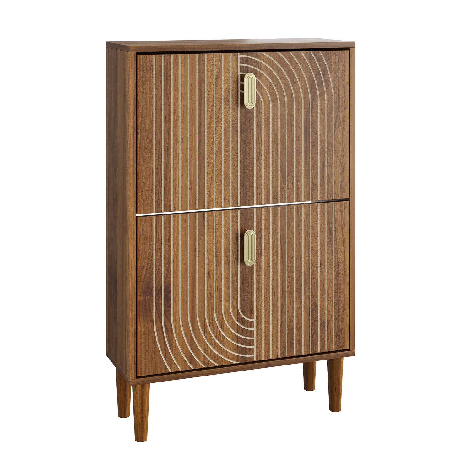 Forbidden to Sell on Amazon Line Groove Narrow Shoe Storage Cabinet with 2 Flip Drawers, Freestanding Slim Shoe Rack with Gold Metal Handles for Entry