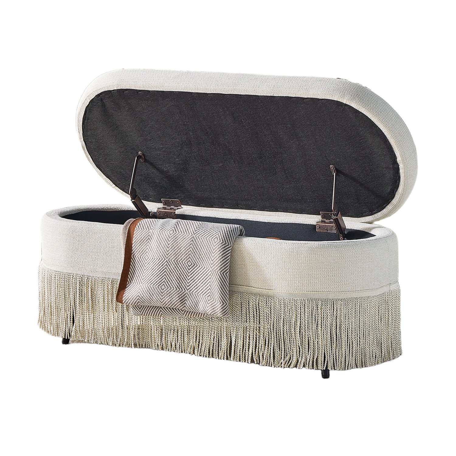 39.4″ Oval Upholstered Storage Ottoman with Fringe Trim, Lift Top Storage Bench with Hidden Compartment for Bedroom & Entryway