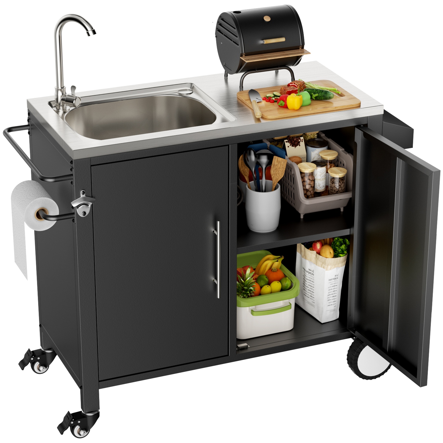 Outdoor Grill Cart with Storage Kitchen Prep Station Cart Outdoor Grill Table with Wheels Sink for Patio Backyard BBQ Outdoor Grill Cart with Storage Kitchen Prep Station Cart Outdoor Grill Table with Wheels Sink for Patio Backyard BBQ