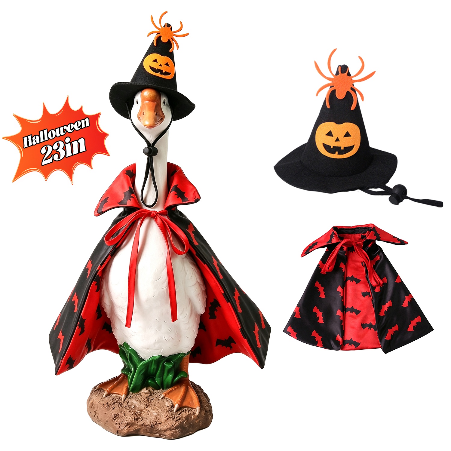 Porch Goose Halloween Costume for 23″ Goose Statue Pumpkin Spider Wizard Hat, Red & Black Cape Outfit Halloween Yard Decor Porch Goose Halloween Costume for 23″ Goose Statue Pumpkin Spider Wizard Hat, Red & Black Cape Outfit Halloween Yard Decor