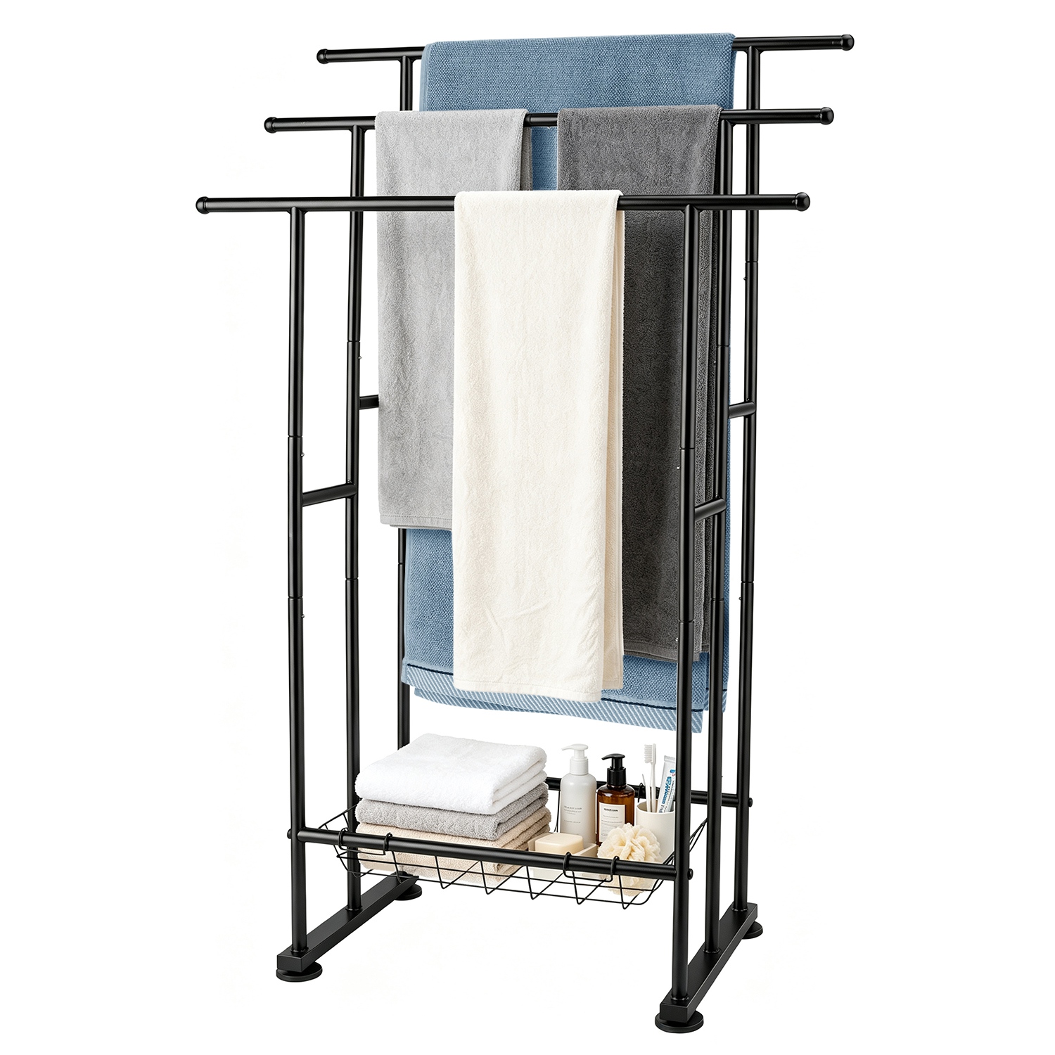 3-Tier Freestanding Towel Rack with Storage Basket Bathroom Towel Stand with Adjustable Leveling Feet Metal Towel Holder for Bathroom Bedroom Laundry 3-Tier Freestanding Towel Rack with Storage Basket Bathroom Towel Stand with Adjustable Leveling Feet Metal Towel Holder for Bathroom Bedroom Laundry