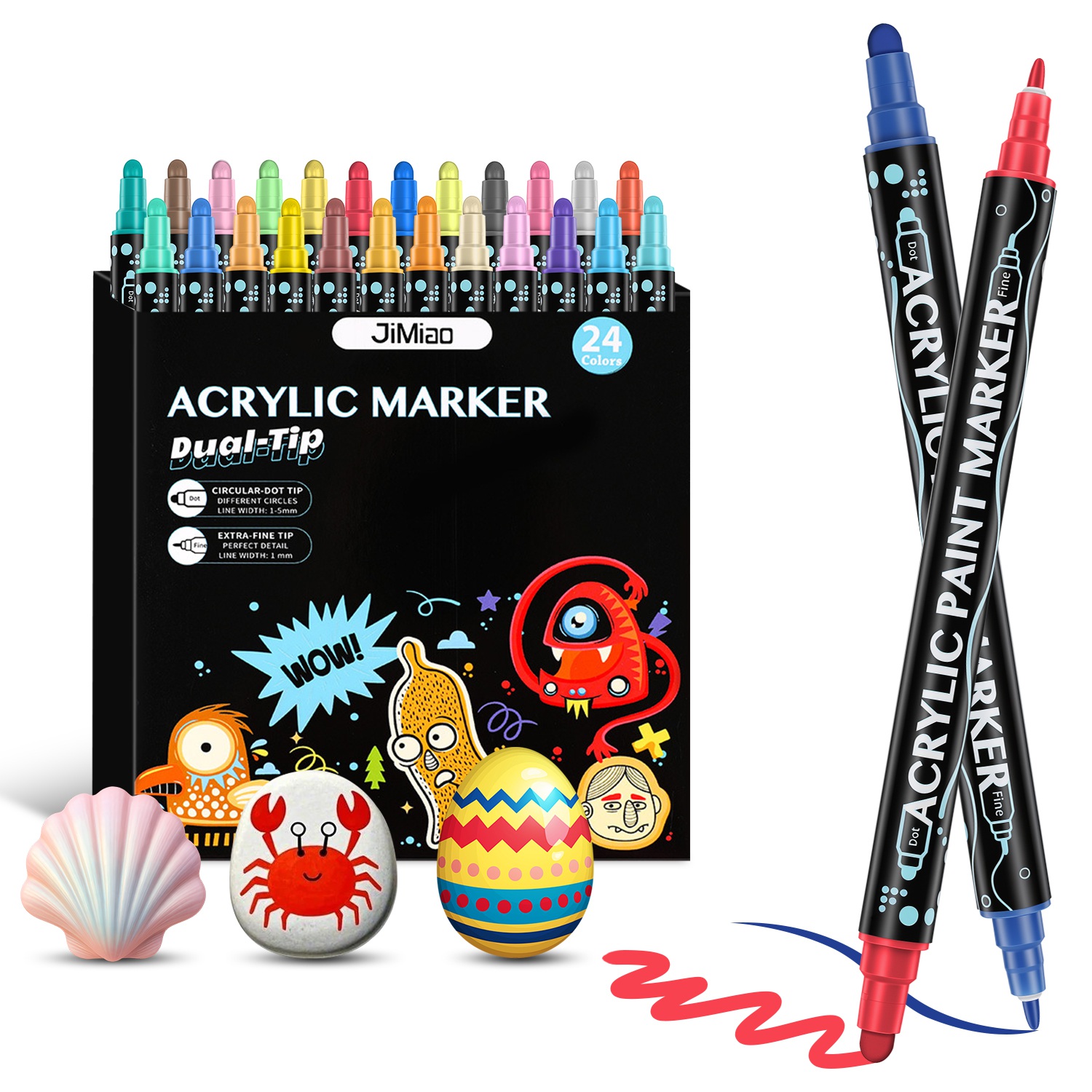 24 Colors Dual Tip Acrylic Paint Markers Set, Water-Based Paint Pens with Fine & Broad Tips, Quick-Dry Waterproof Art Markers for Rock Painting, Wood,