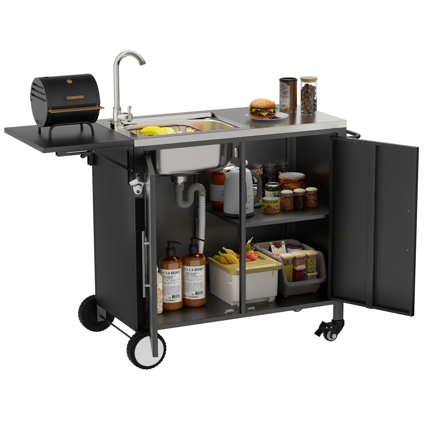 Outdoor Grill Cart with Storage Outdoor Grill Table with Sink Wheels Fold-Down Side Table for Patio Backyard BBQ Outdoor Grill Cart with Storage Outdoor Grill Table with Sink Wheels Fold-Down Side Table for Patio Backyard BBQ