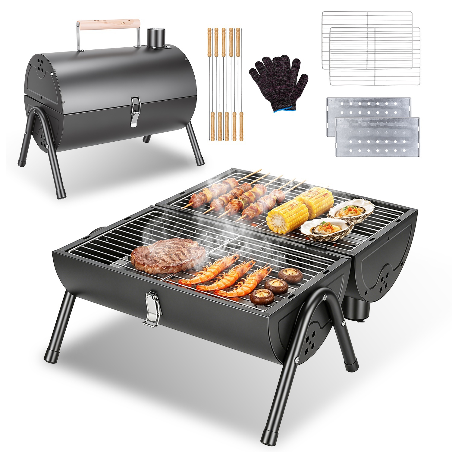 Portable Charcoal Grill Foldable BBQ Grill with Double-Sided Cooking Design, Chimney Vent, 10 Stainless Steel Skewers Carry Handle Outdoor Barbecue Gr Portable Charcoal Grill Foldable BBQ Grill with Double-Sided Cooking Design, Chimney Vent, 10 Stainless Steel Skewers Carry Handle Outdoor Barbecue Gr