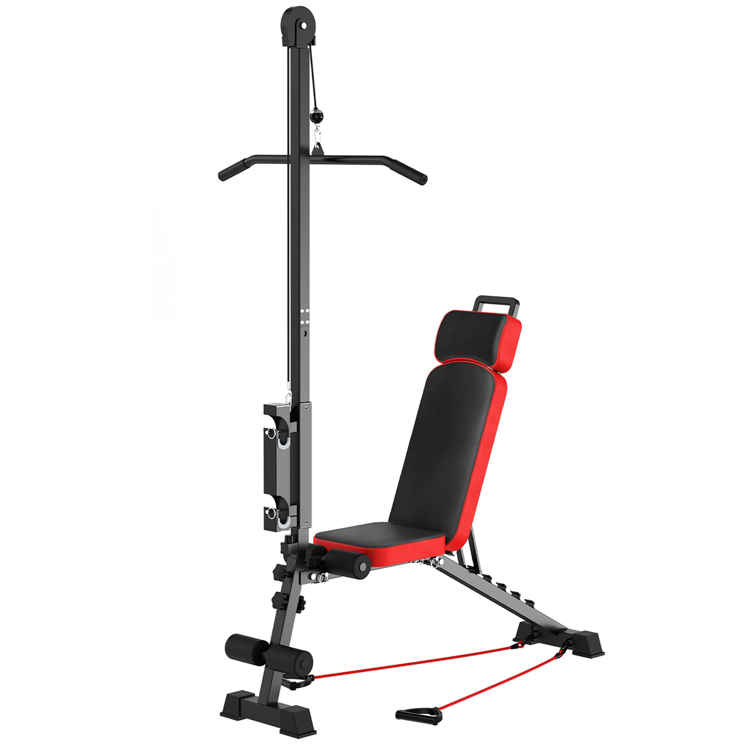 12-in-1 Multi-Functional Weight Bench with Pulley System and Resistance Cords, Adjustable Backrest Headrest Lat Pulldown Workout Bench with Leg Suppor