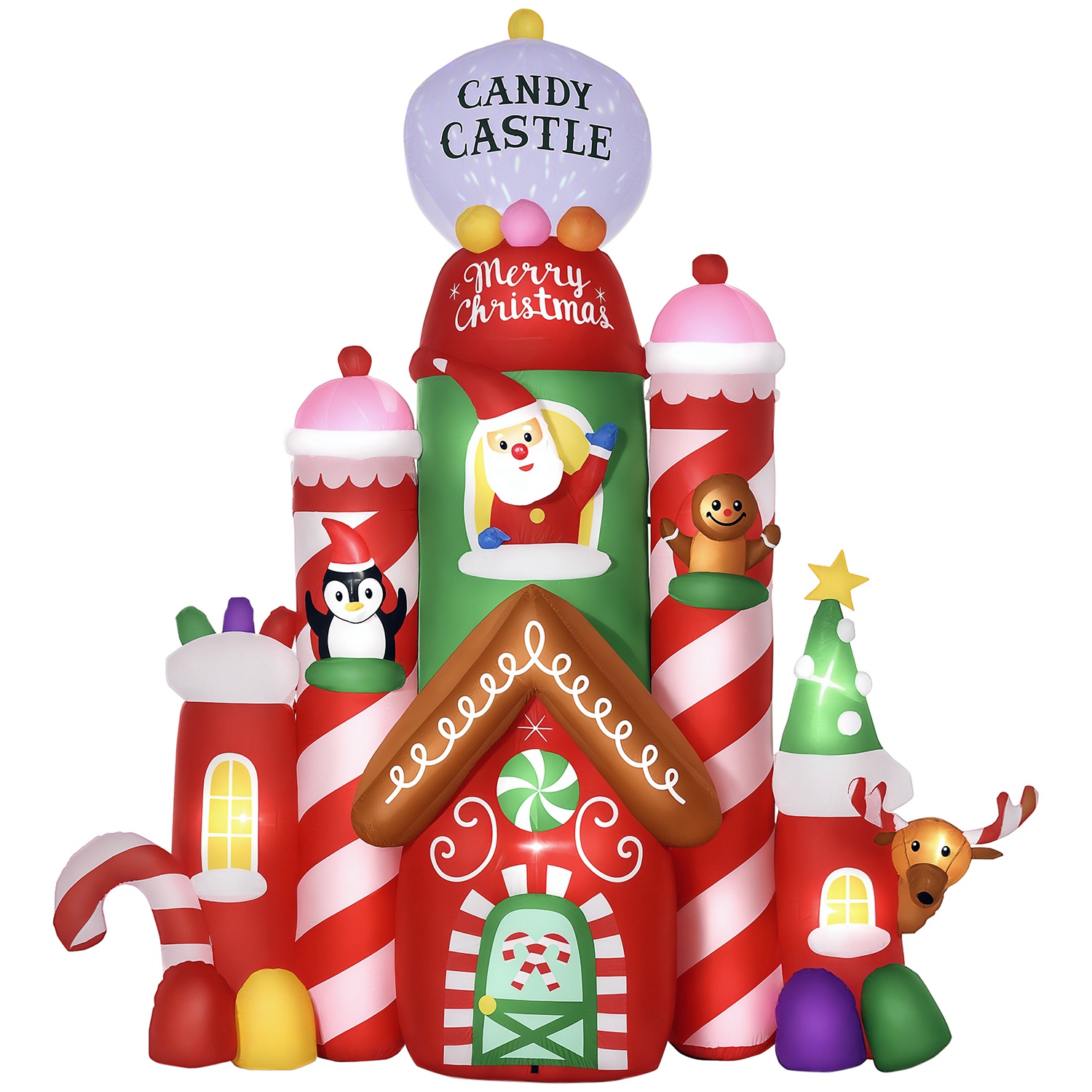 10FT Inflatable Candy Castle Christmas Decoration with Warm White LED Lights Colorful Light Built-In Fans 10 Ground Stakes & 5 Tether Ropes Outdoor Ya