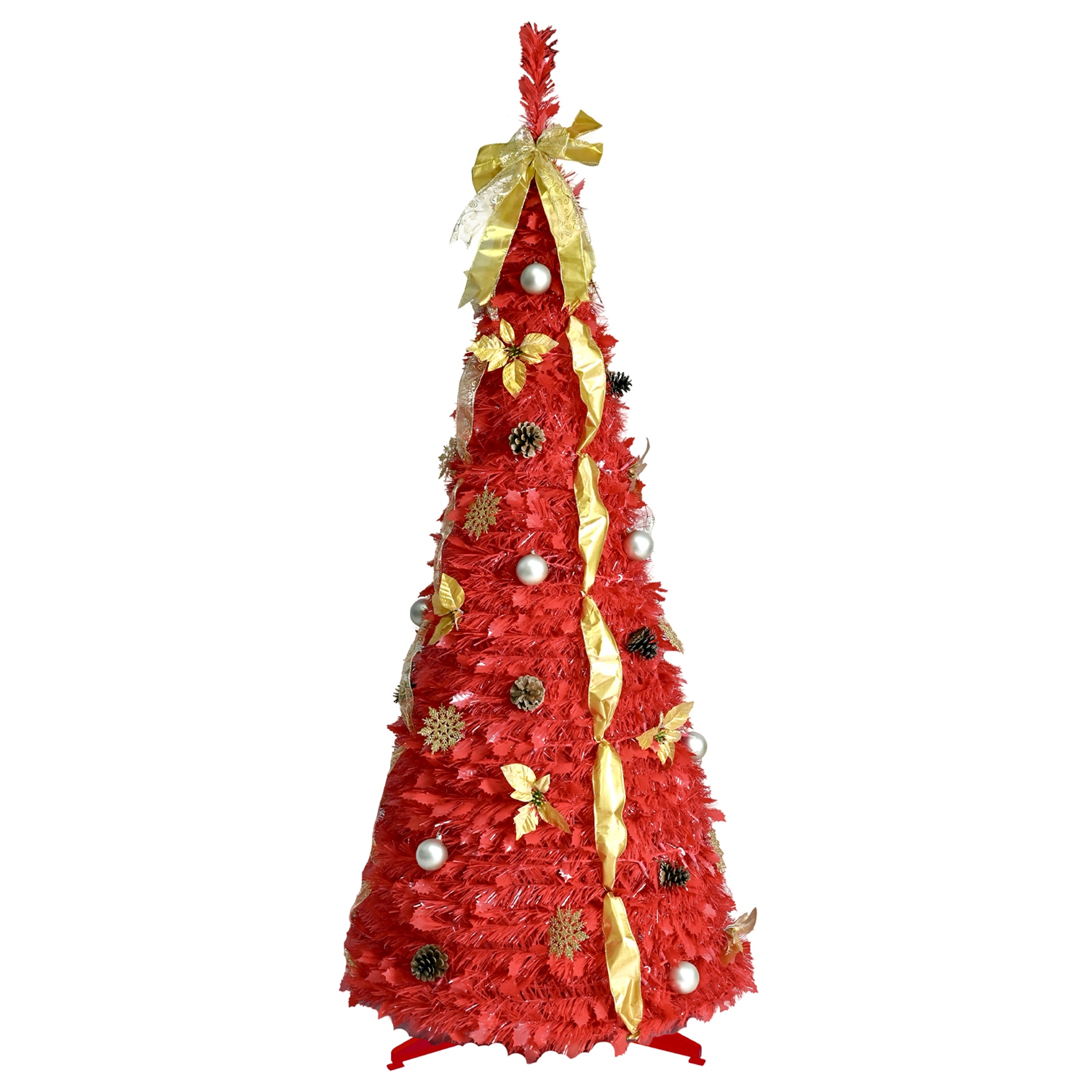 6FT Red Pre-Lit Pop-Up Christmas Tree with 150 Warm White LED Ribbons Bow Flowers Snowflakes Pine Cones Red Ornaments Collapsible Artificial Christmas 6FT Red Pre-Lit Pop-Up Christmas Tree with 150 Warm White LED Ribbons Bow Flowers Snowflakes Pine Cones Red Ornaments Collapsible Artificial Christmas